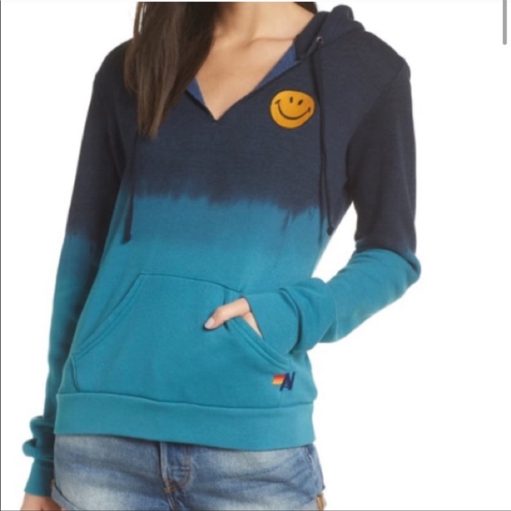 Aviator Nation Smiley Teal ombré hoodie sweatshirt XS
